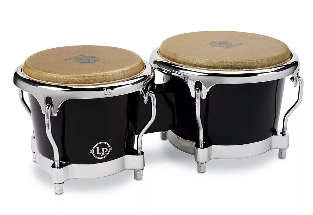Latin Percussion LP200XF-BK 7-1/4" and 8-5/8" Fiberglass Bongos - Black with Chrome Plated Hardware